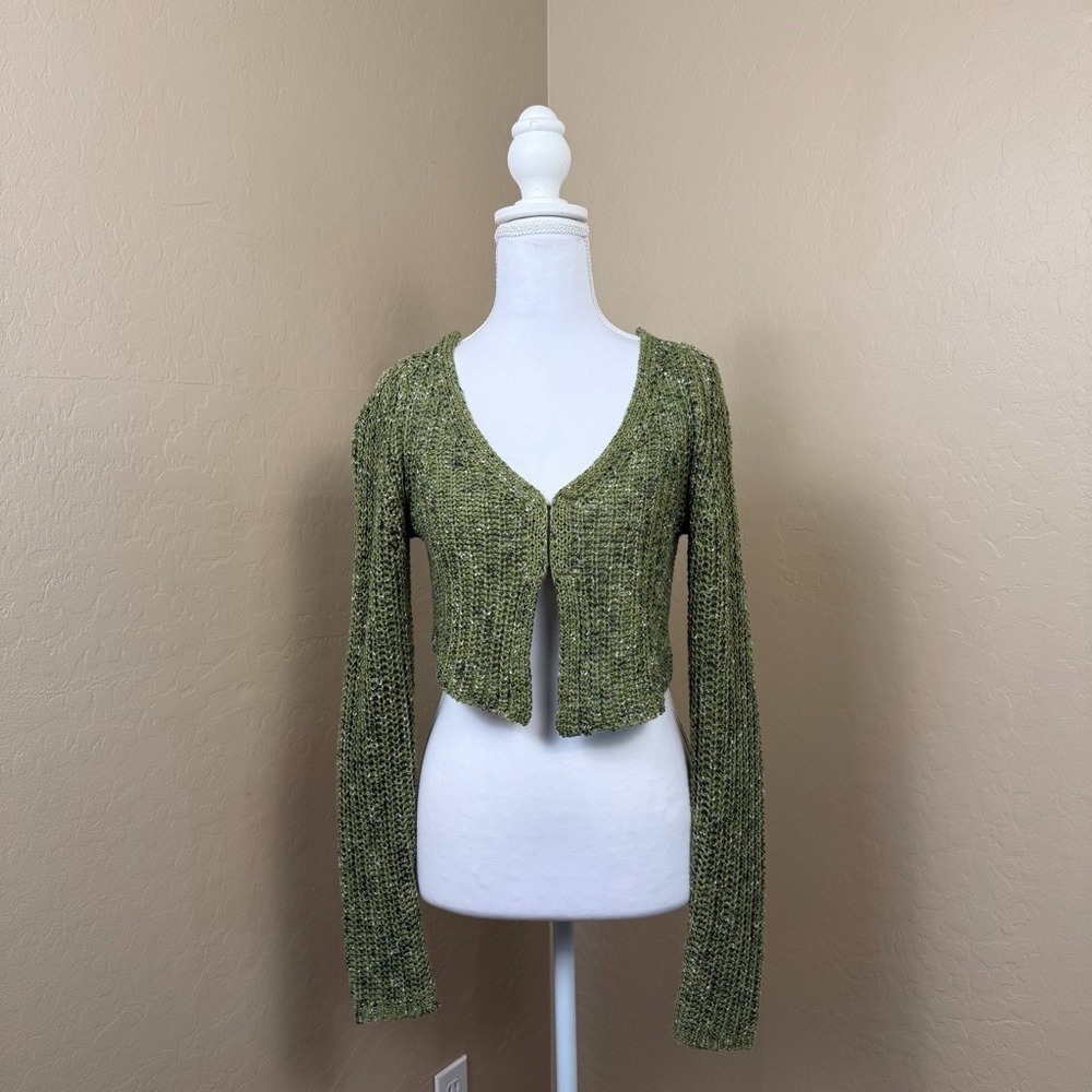 Urban Outfitters Green Open Knit Cardigan S Cropped Bell Sleeve Y2K Fairy Grunge